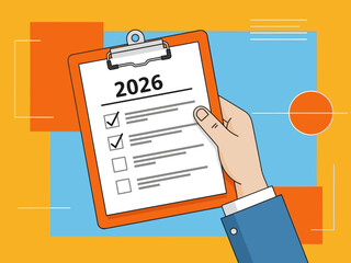 A hand checks a clipboard displaying '2026' against a vibrant background. Modern, professional, and visually appealing, ideal for business and planning themes.