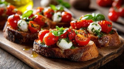 Fresh Italian bruschetta with toasted rustic bread, topped with ripe cherry tomatoes, fresh mozzarella, basil leaves and oil.