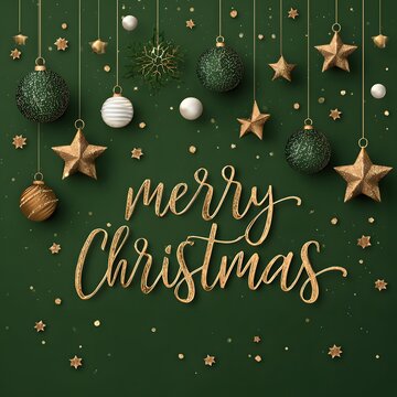 Merry Christmas Greeting with Gold Ornaments and Stars on Dark Green Background for Holiday Design


