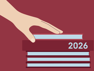 stylized hand reaches towards a stack of books displaying the year 2026 The design features a modern minimalist aesthetic with a bold color palette Suitable for business technology and future concepts
