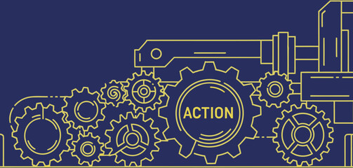 A stylized illustration depicts industry's core ? action ? through interlocking gears. Bold ?ACTION? text centers the design, conveying momentum and industrial power. Modern, graphic style.