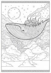 Surreal Whale/Sea Coloring Sheet Organic Patterns Underwater Hand drawn [Subject] illustration with flowing organic swirls. Abstract decorative line art design on white background