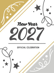 Fototapeta premium New Year 2027 Official Celebration Illustration – Elegant Gold and Gray Minimalist Design with Stars, Swirls, Curved Accents and Bold Typography for Posters, Cards & Digital Graphics