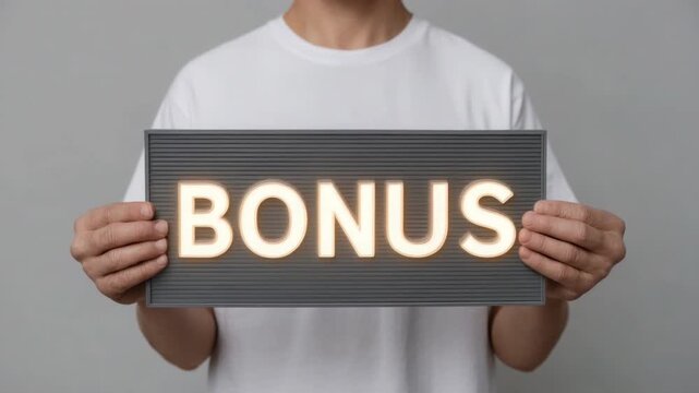 Person Holding Sign with Bonus in Bright Letters on Gray Background 4k video footage