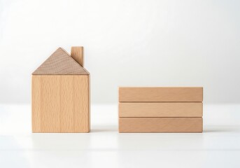 Minimalist Wooden House Model with Stacked Building Blocks on Clean White Background, Representing Real Estate Concepts