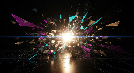 Futuristic abstract art showing geometric shapes exploding from a bright light source