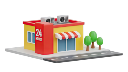 A 3D rendered cartoon style convenience store with yellow walls red accents and a striped awning on a clear day with three green cartoon trees next to the building beside a grey asphalt road.