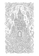 Majestic Castle/Tower Anti-Stress Coloring Template  Highly detailed Architecture drawing with floral and geometric patterns. Monochrome outline art perfect for mindfulness coloring