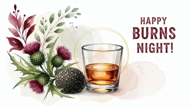 Happy burns night illustration with traditional scotch whisky and scottish thistle