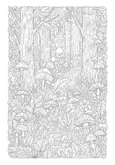 Surreal Forest Coloring Sheet Organic Patterns Nature Hand drawn [Subject] illustration with flowing organic swirls. Abstract decorative line art design on white background.
