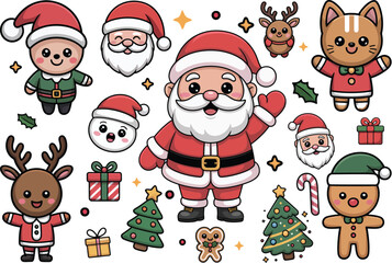 Cute cartoon christmas characters and decorations