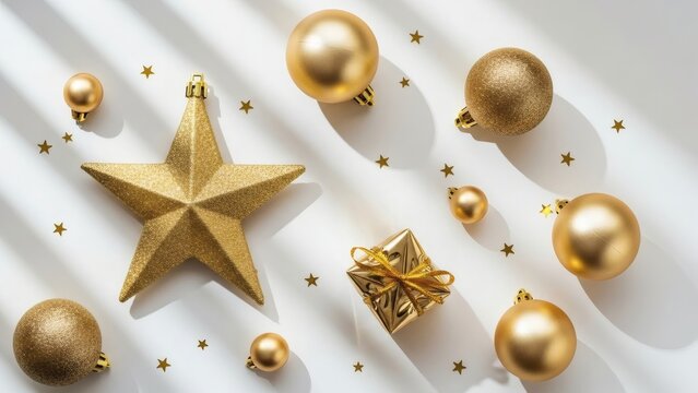 A festive arrangement of golden christmas decorations on a white background - Powered by Adobe