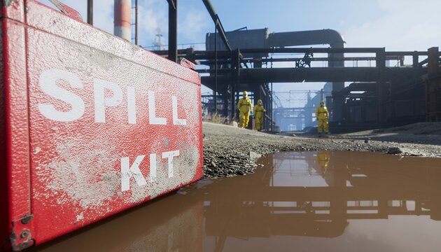 Emergency response with hazmat team at industrial site and spill kit