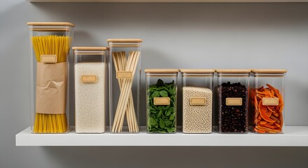 Various food items stored in labeled jars on a shelf at home.