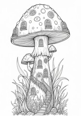 Surreal Mushroom/Forest  Coloring Sheet Organic Patterns  Hand drawn Mushroom illustration with flowing organic swirls. Abstract decorative line art design on white background.