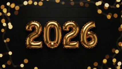 2026 gold balloon numbers on a black background framed by festive fairy lights for new year celebration