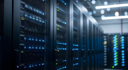 Rows of server racks with blue and green lights in a data center interior