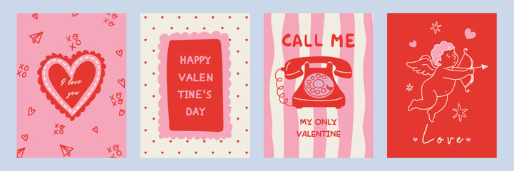 Retro Valentine&rsquo;s Day card collection in hand drawn style with  phone, Cupid, love letter and decorative hearts. Vintage romantic templates for ads, branding, posters, covers and holiday design.Vector