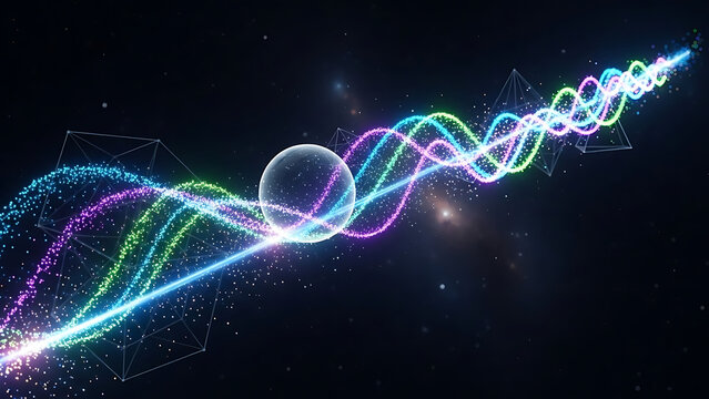 Vibrant DNA helix in space with glowing neon strands and geometric shapes - Powered by Adobe