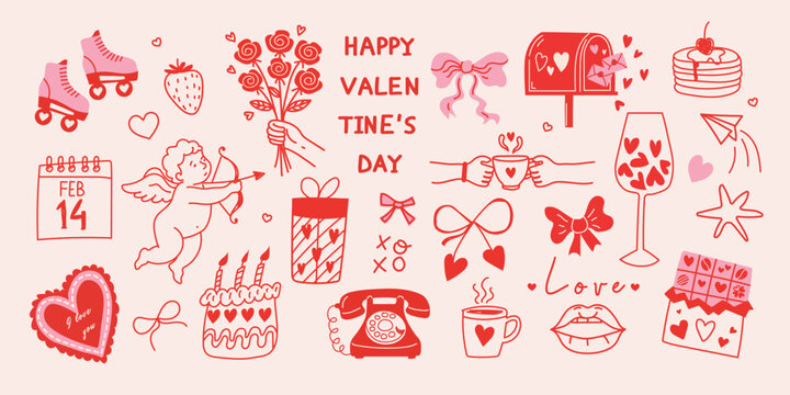 Hand drawn vintage Valentine&rsquo;s Day elements set with cute bows, roller skates, cupid, hearts, ribbons, roses, cake and strawberries. Trendy doodle illustrations  for wedding invitation, birthday card.
