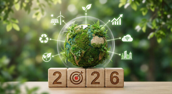 Green earth globe with sustainability icons and 2026 target blocks, symbolizing environmental goals and future planning. - Powered by Adobe