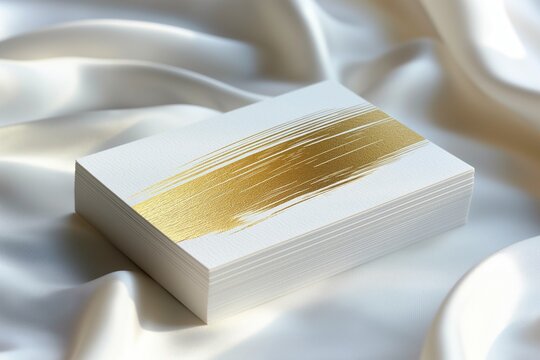 Business cards with gold design resting on soft white fabric in a bright space during daylight