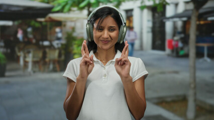 Woman with headphones stands on a lively street crossing fingers under green foliage, embodying...
