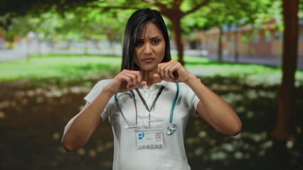 Naklejka premium Woman doctor with stethoscope rubs eyes in a sunny park setting, showcasing stress or fatigue in a serene outdoor environment.