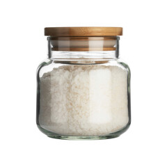 Glass jar with coarse sea salt and wood lid isolated on a transparent background