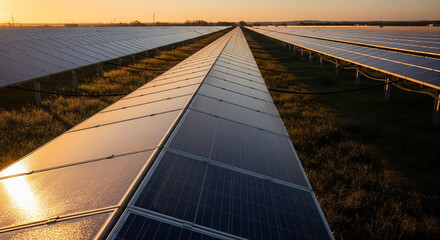 Vast Array of Solar Panels Captures Golden Hour Sunlight in an Expansive Field