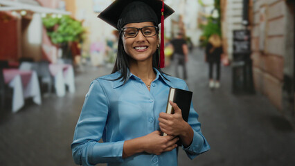 Hispanic woman in graduation attire happily holds a book on a lively restaurant terrace, expressing...