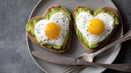 Two heart-shaped eggs on avocado toast.