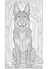 Surreal Dog Coloring Sheet Organic Patterns  Hand drawn Animal illustration with flowing organic swirls. Abstract decorative line art design on white background.
