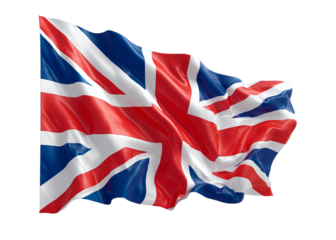 Union Jack Flag Waving in Wind isolated on a transparent background