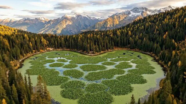 Drone captures an aerial view of the heart-shaped lake, an emblem of love and nature, reflecting the rugged mountains and the vibrant autumn larch forest under a beautiful sky