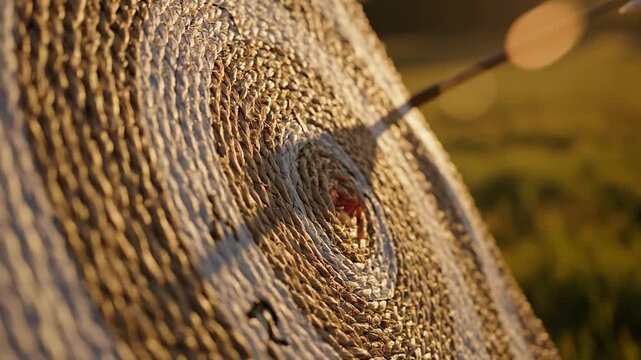 Close-up of an archery target with concentric rings and a crossbow-like arrow across a sunlit field!