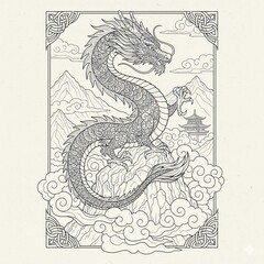 Majestic Dragon Adult Coloring Page Line Art Detailed fantasy dragon illustration for adults. Intricate black and white zentangle line art of a mythical creature for stress relief.