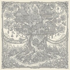 Magical Fantasy Treehouse Adult Coloring Page
Woodland Detailed fairy tale treehouse illustration for adults. Intricate black and white zentangle line art of a magical forest dwelling for stress