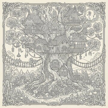 Magical Fantasy Treehouse Adult Coloring Page
Woodland Detailed fairy tale treehouse illustration for adults. Intricate black and white zentangle line art of a magical forest dwelling for stress