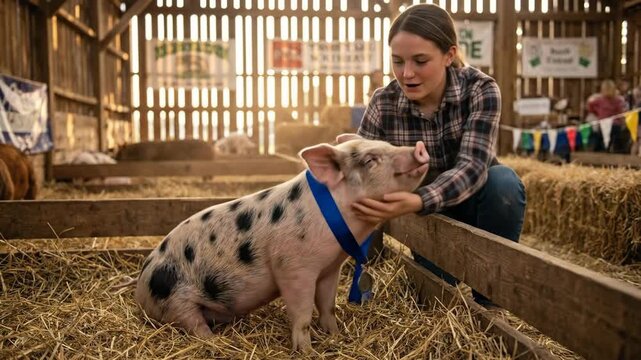 Adolescent girl interacting with her spotted pig wearing a blue ribbon and medal, celebrating their victory at an agricultural fair inside a rustic barn filled with hay
