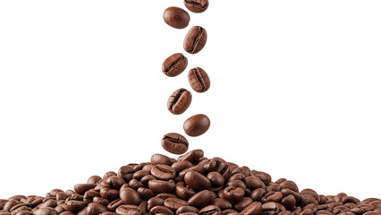 Roasted coffee beans falling and spilling onto a large pile, isolated on a white background