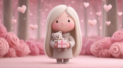 Cute cartoon valentine girl with teddy bear romantic gift love celebration colourful environment heartfelt concept