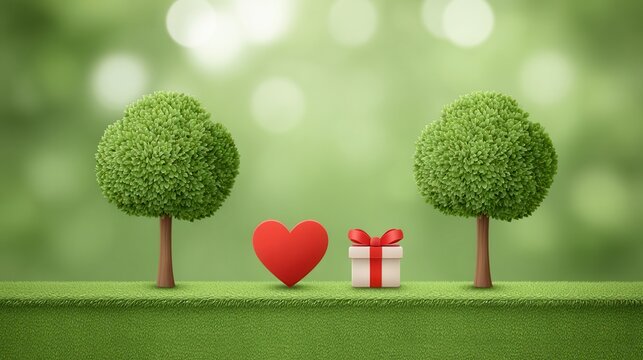 Cute valentine park scene with heart and gift romantic flat style loveful environment for lovers