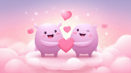 Cute cartoon lovers holding heart in colorful clouds for romantic valentine's gift