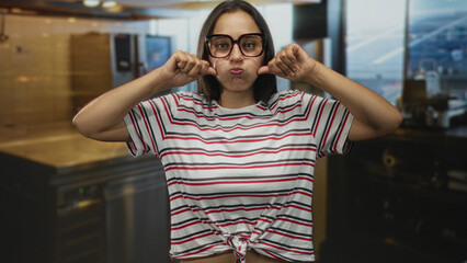 Young woman pinches cheeks with both hands and puffs lips while standing in a building kitchen wearing glasses and striped knot shirt; playful self expression.