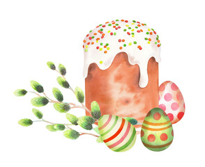 Easter composition of kulich cake, willow banches and easter eggs. Watercolor illustration. For fabric, wallpaper, packing paper, greeting cards, design, decoration and illustration.