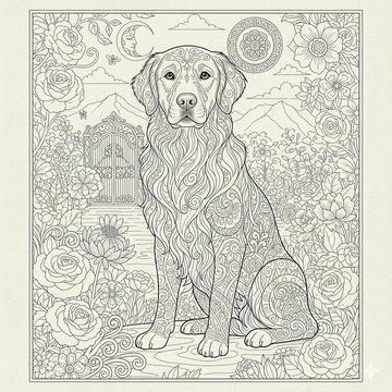 Surreal Dog Coloring Sheet Organic Patterns  Hand drawn Animal illustration with flowing organic swirls. Abstract decorative line art design on white background.
