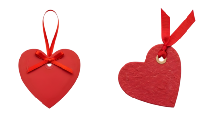 Two red heart shaped tags with ribbon isolated on transparent background