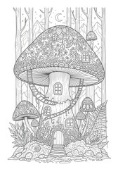 Surreal Mushroom/Forest  Coloring Sheet Organic Patterns  Hand drawn Mushroom illustration with flowing organic swirls. Abstract decorative line art design on white background.