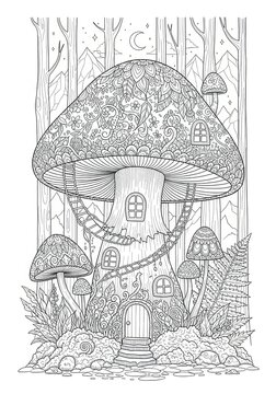 Surreal Mushroom/Forest  Coloring Sheet Organic Patterns  Hand drawn Mushroom illustration with flowing organic swirls. Abstract decorative line art design on white background.